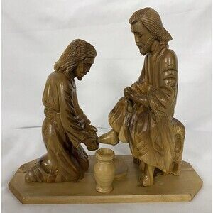 Hand Carved Olive Wood Jesus Washing Peters Feet Figure Carving Bethlehem Easter